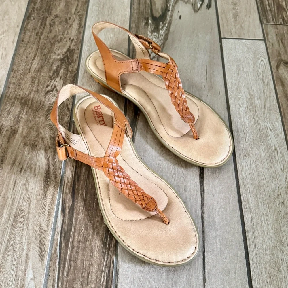 Born Tan Braided Leather T-Strap Sandals